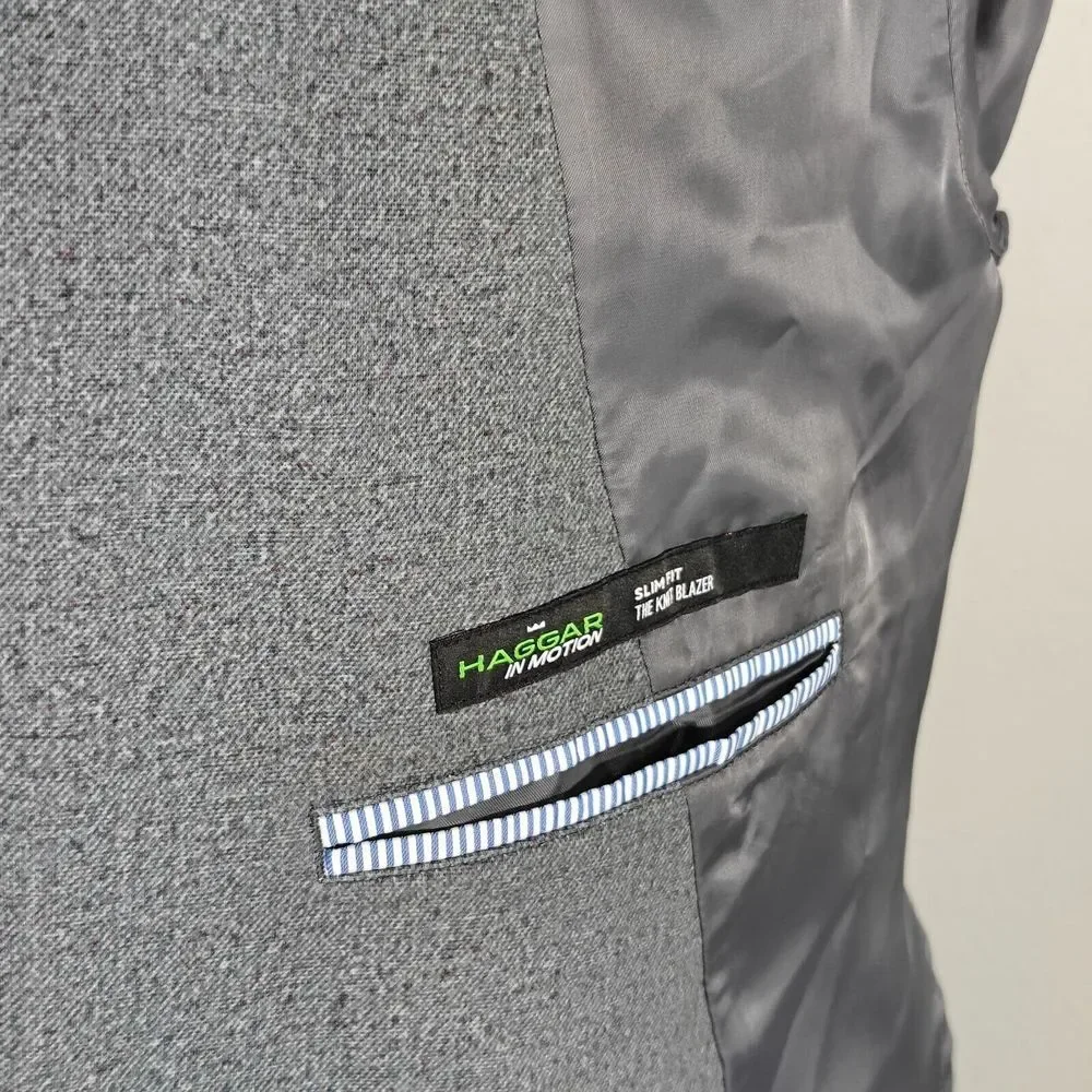 Haggar Men's In Motion Knitted Blazer Slim Fit Gray Poly Blend Size 46L‎
